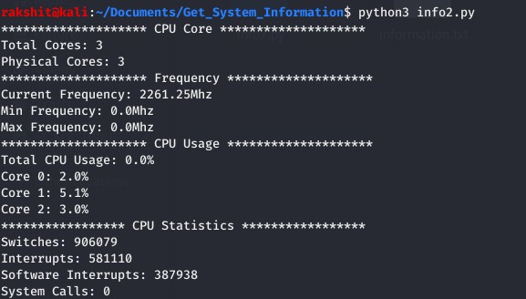 Know about your CPU details using a python program. The psutil module has used in this program.