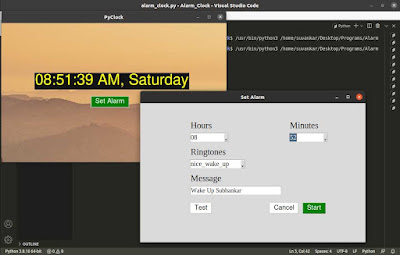 A Screenshot displaying two application windows: The first window features a live clock displaying the current time, while the second window showcases various widgets related to setting an alarm time.