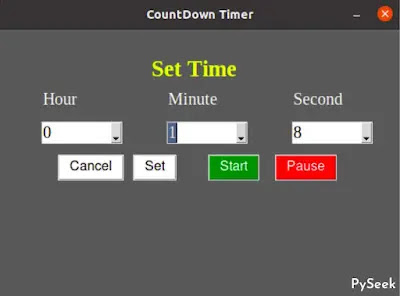 Screenshot of a countdown timer application. The interface includes fields for setting hours, minutes, and seconds, along with four buttons: Start, Pause, Set, and Cancel.