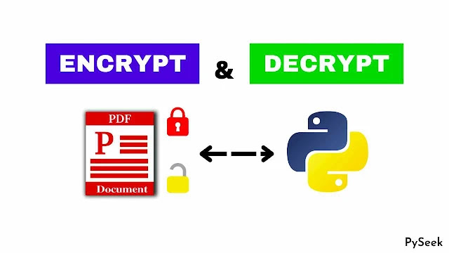 An image displaying two bold-text labels, 'Encrypt' and 'Decrypt,' with a PDF file depicted below them. The PDF file is surrounded by lock and unlock symbols, indicating encryption and decryption, and is associated with a Python logo.