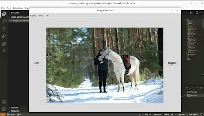 A computer application window featuring an image of a girl dressed in black attire, accompanied by a white horse in a snowy landscape. To the left and right of the image, there are 'Left' and 'Right' buttons. Above the application window, a menu bar includes 'Open,' 'About,' and 'Exit' buttons. In the background, a code editor is visible, suggesting that the application is generated using programming.