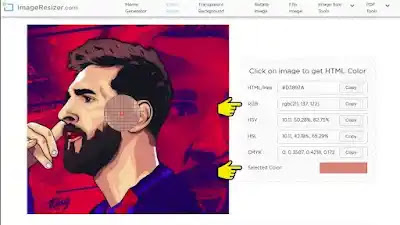 Application screenshot displaying a cartoonized image of Lionel Messi with a zoom point focused on his face. Numeric values on the right indicate color information extraction. The top-left corner features the application name 'ImageResizer'.