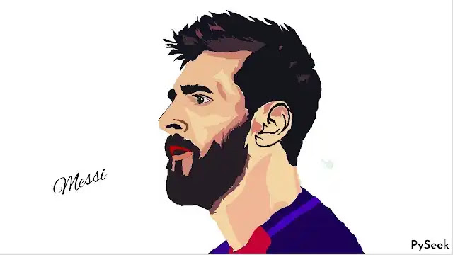 It's a colorful sketch of Lionel Messi's Face. In the bottom right corner, the text 'PySeek' is displayed.