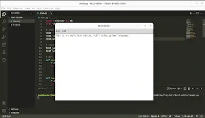 The VS Code editor and a text editor application created using the Python tkinter library are being displayed.
