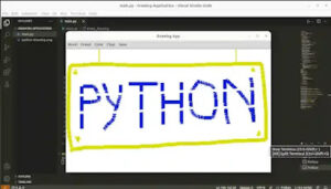 An interactive Python-based drawing application built with Tkinter. The canvas displays the word 'Python' written in various colors.