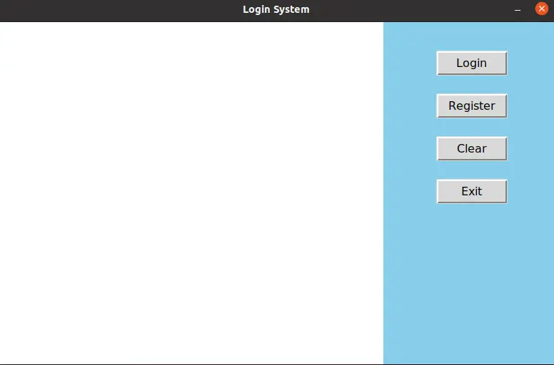 It's a face recognition login system app with four buttons on the right side ('login', 'Register', 'Clear', 'Exit' ), accompanied by an empty frame on the left side.