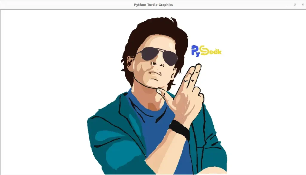 It's a colorful sketch of Shah Rukh Khan showcased in the Python Turtle Graphics window, framed with 'PySeek' text.