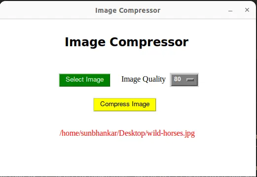 A screenshot of an application window titled 'Image Compressor'. The application features a green button for selecting an image, options for adjusting image quality, and a yellow button labeled 'Compress Image'. The path of the selected image is displayed below.