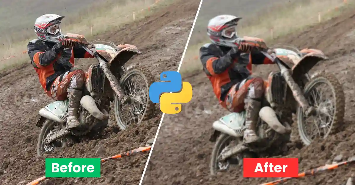 Side-by-side comparison: On the left, a clear view of an Enduro game with a visible bike rider on a muddy track labeled 'Before'. On the right, the same image blurred, labeled 'After'. Python logo in the middle.