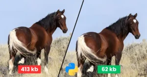 Side-by-side comparison: Both sides feature the same horse image. The left side appears slightly clearer than the right, labeled as '413 kb'. The right side is labeled as '62 kb'. A Python logo is seen at the bottom center, indicating the image is compressed using Python programming.