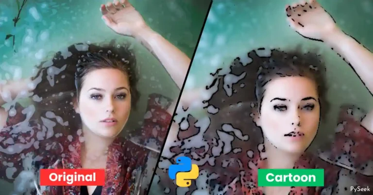 Comparison image showcasing a split frame with 'Original' and 'Cartoon' labels. On the left, an original photo of a girl is displayed, while the right side features a cartoon version of the same image. In the centre, a Python language logo is visible.