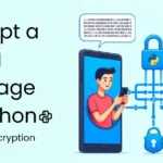 Two people engaged in phone conversations, depicted with encrypted message texts above their heads symbolizing secure communication. A chain with locks represents encryption, with a Python logo on one lock. The image includes text on the left reading 'Encrypt a Text Message in Python'.