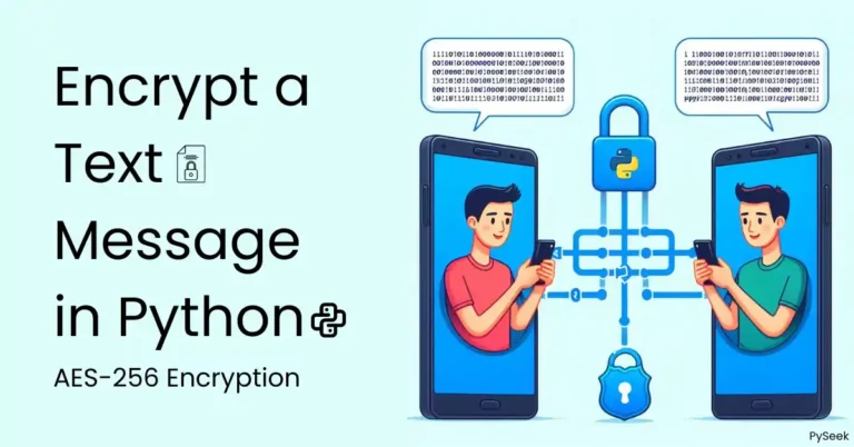 Two people engaged in phone conversations, depicted with encrypted message texts above their heads symbolizing secure communication. A chain with locks represents encryption, with a Python logo on one lock. The image includes text on the left reading 'Encrypt a Text Message in Python'.