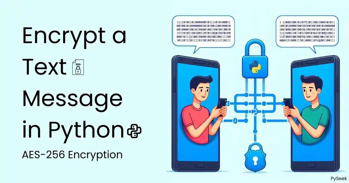 Two people engaged in phone conversations, depicted with encrypted message texts above their heads symbolizing secure communication. A chain with locks represents encryption, with a Python logo on one lock. The image includes text on the left reading 'Encrypt a Text Message in Python'.