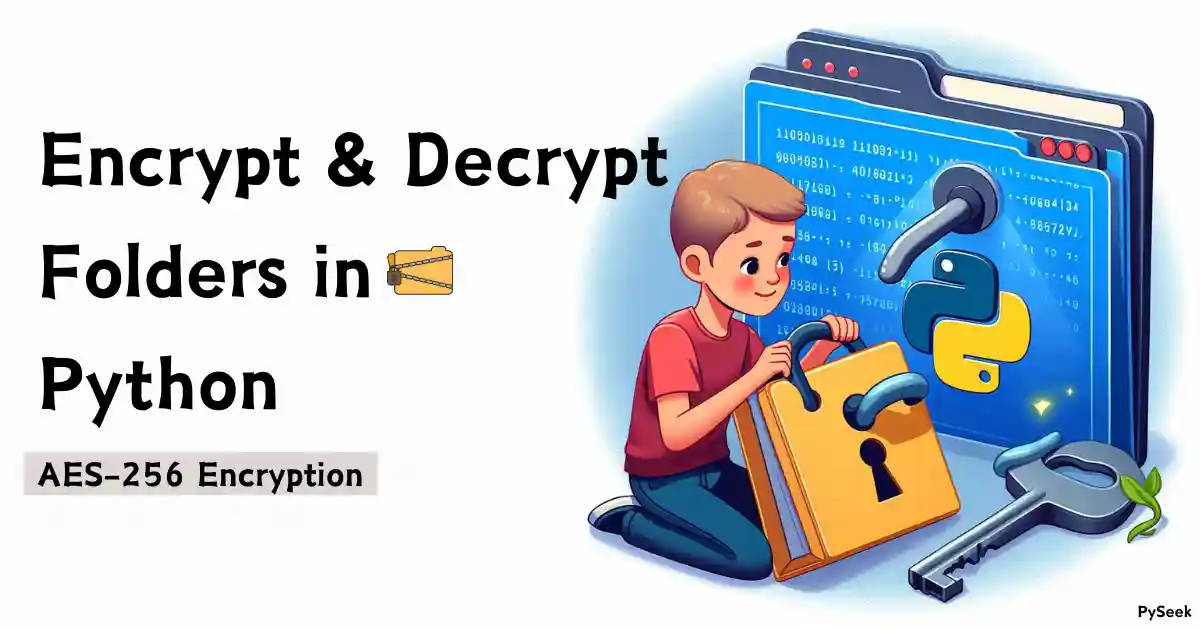 Boy holding locked folder with Python logo, key to unlock it. Learn to encrypt & Decrypt folders with Python.