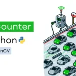 Car counter in Python using YOLO and OpenCV. Image shows cars on road with detection boxes and count display.
