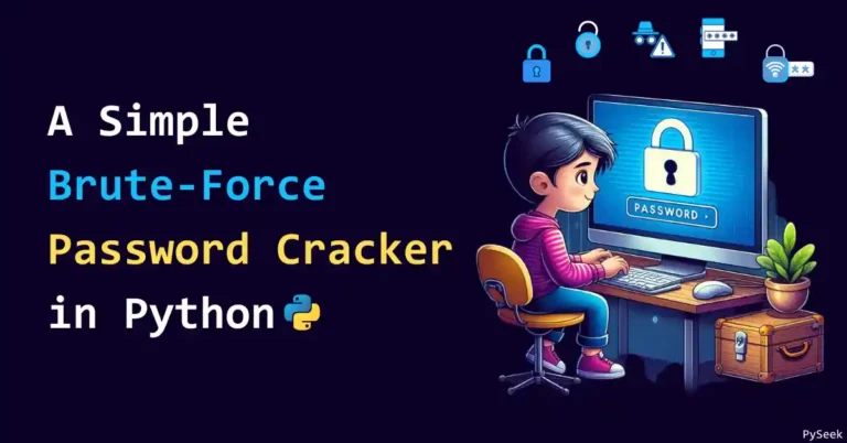 A digital artwork showcasing a lock, password symbols, and a boy working on a computer. Bold text reads: 'A Simple Brute-Force Password Cracker in Python.'