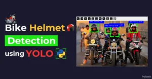 A group of female bike riders, all wearing helmets. The helmets are detected and labeled as 'With Helmet' by a computer program. The text 'Bike Helmet Detection using YOLO' is displayed beside the image.