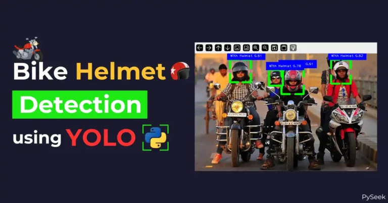 A group of female bike riders, all wearing helmets. The helmets are detected and labeled as 'With Helmet' by a computer program. The text 'Bike Helmet Detection using YOLO' is displayed beside the image.