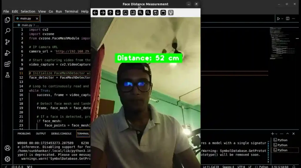 Output showing live face distance measurement using Python with code editor in the background