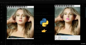 Side-by-side comparison of original and filtered images with lips color changed, a Python logo in the center, and a hand pointing from the original to the filtered image.