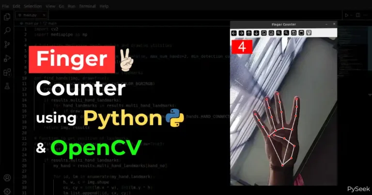 Screenshot of a code editor with a hand showing four fingers, the number 4 displayed at the top corner, and the text 'Finger Counter using Python and OpenCV.'