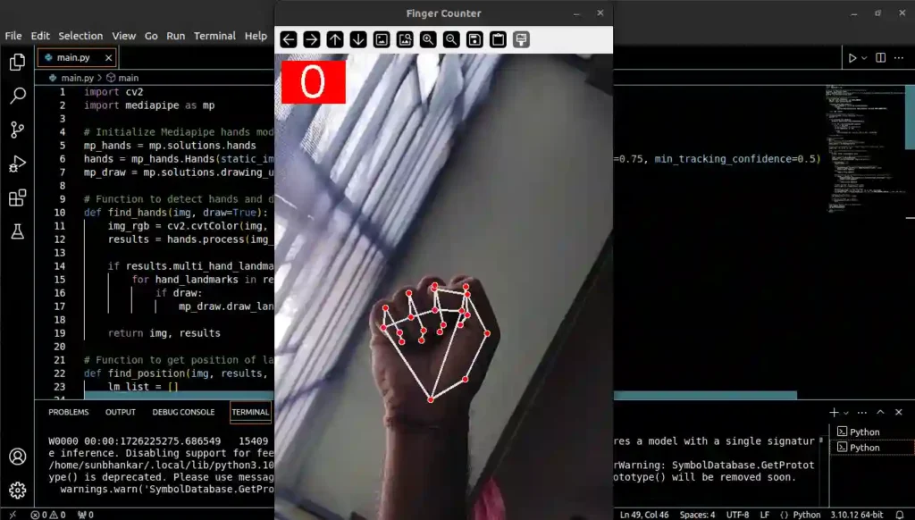 Screenshot of a code editor with a hand showing no fingers, the number 0 displayed at the top corner