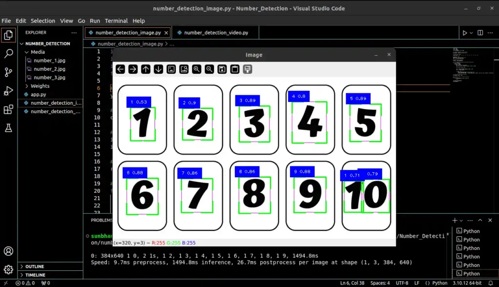 Screenshot of a computer program detecting and recognizing numbers from 0 to 10, with each detected number labeled above it; a code editor is open in the background.