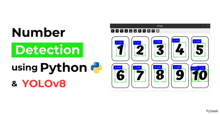 Screenshot of number detection software identifying numbers 1 to 10, with labels generated by a Python and YOLOv8 program; text reads 'Number Detection using Python & YOLOv8.'