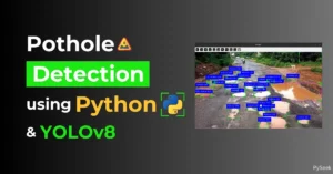 Image showing several potholes on a muddy road, detected by a Python program using YOLOv8, with text 'pothole detection using Python and YOLOv8' beside it.