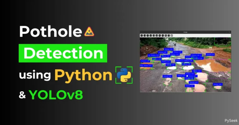 Image showing several potholes on a muddy road, detected by a Python program using YOLOv8, with text 'pothole detection using Python and YOLOv8' beside it.