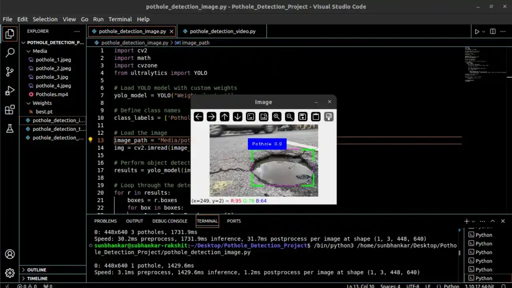 a pothole on a road is detected by a computer program