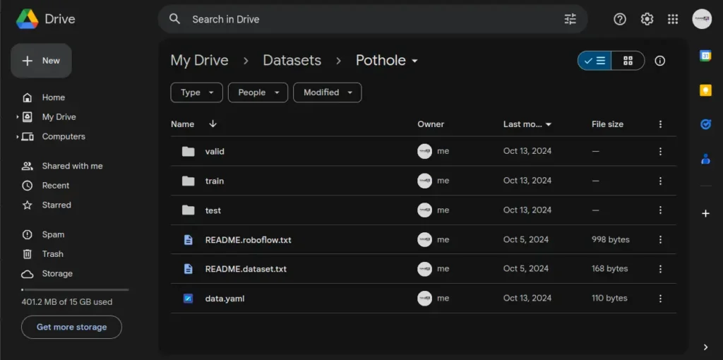 pothole folder on google drive