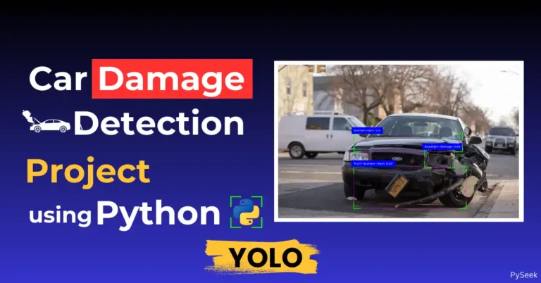 An accidental car is seen. The damages of the car are detected and marked by a computer program. A text written "Car Damage Detection Project using Python."