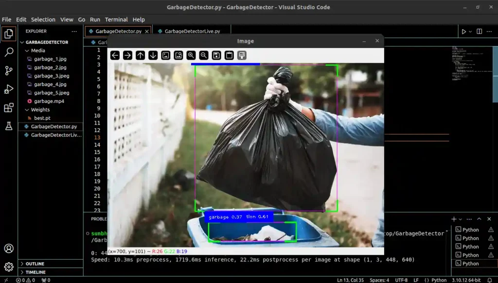 Person holding a garbage bag, placing it in a dustbin, with a computer program detecting the garbage bag and marking it with a bounding box for garbage detection using deep learning.