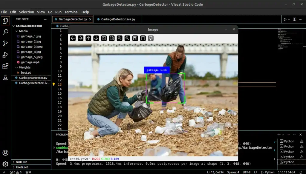 Two people collecting roadside garbage into a bag, with plastic items visible on the ground; a computer program detects and highlights the garbage on the ground for effective waste management.