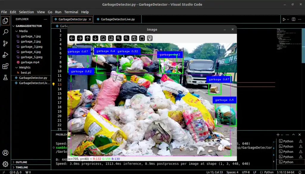 Roadside scene with a truck loading a mound of garbage; a computer program detects and labels all visible garbage with bounding boxes for efficient waste identification and management.