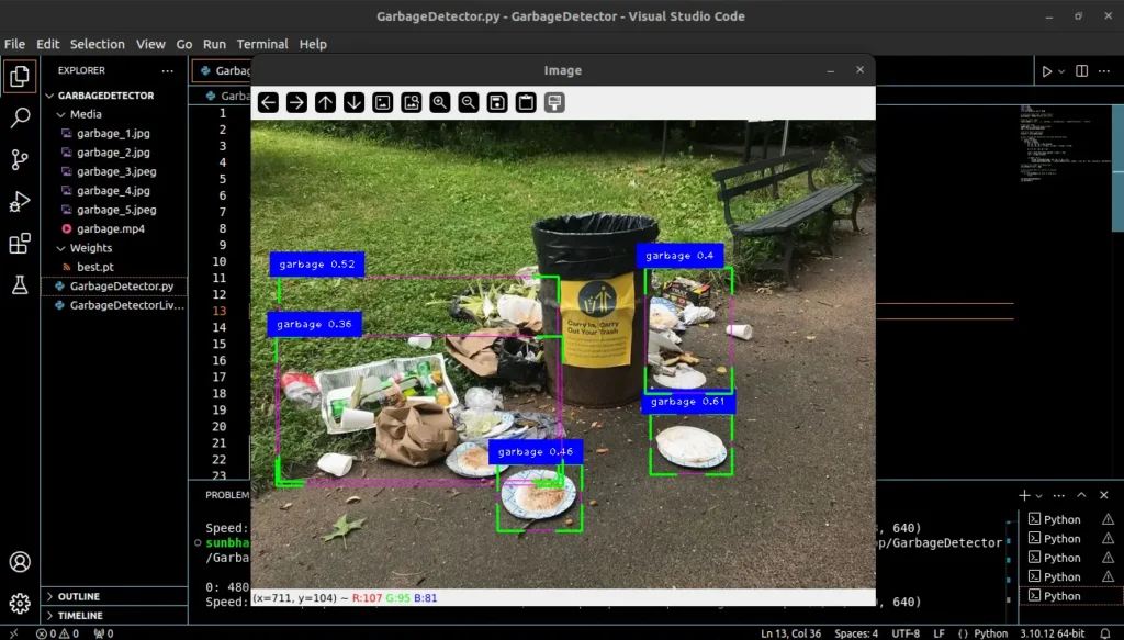 Park scene with dustbin and scattered garbage on the ground; a computer program detects and labels the garbage with bounding boxes for efficient waste identification and cleanup.