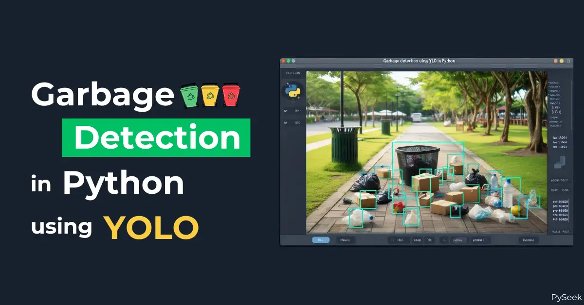 Park view with scattered garbage on the ground and a visible dustbin; a computer program detects the garbage with bounding boxes. Text reads: 'Garbage Detection in Python using YOLO' showcasing AI-based waste detection.