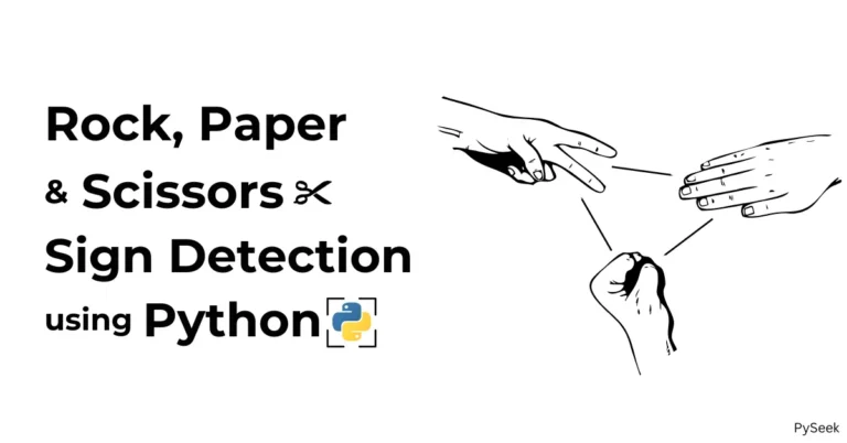 Three hands showing three signs: rock, paper, and scissor. One text is seen beside "Rock, Paper, & Scissors Sign Detection using Python"