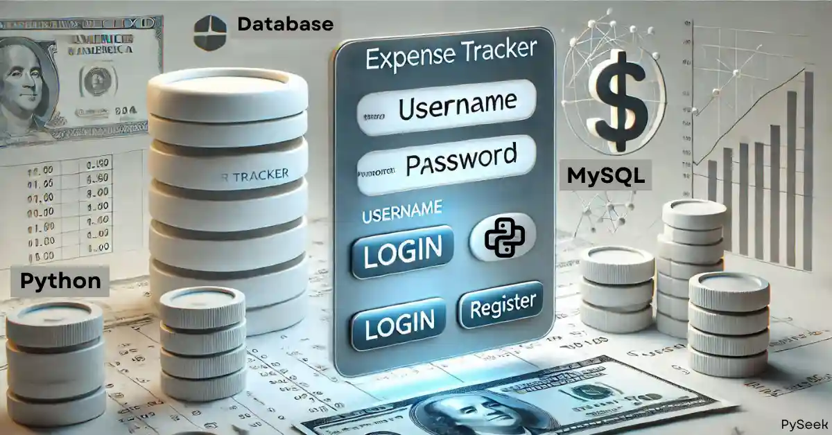 A login screen for an Expense Tracker application, featuring input fields for 'Username' and 'Password' and buttons labeled 'Login' and 'Register.' The background includes a representation of a database connection, a MySQL logo, and a Python logo, emphasizing the integration of Python and MySQL for managing expenses.