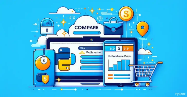 Displaying a laptop, shopping cart, price tags, Python logo, and a graph in a modern, tech-inspired design with sky blue, white, and orange colors. Text reads 'Compare E-Commerce Prices' in bold font.