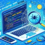 A modern feature image for an advanced web scraping article, showing a laptop with code, a spider web, and a magnifying glass analyzing data. Includes the Scrapy logo and text 'Advanced Web Scraping with Scrapy' in a tech-inspired blue, yellow, and white theme.