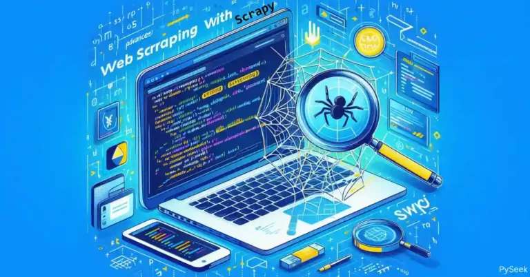 A modern feature image for an advanced web scraping article, showing a laptop with code, a spider web, and a magnifying glass analyzing data. Includes the Scrapy logo and text 'Advanced Web Scraping with Scrapy' in a tech-inspired blue, yellow, and white theme.