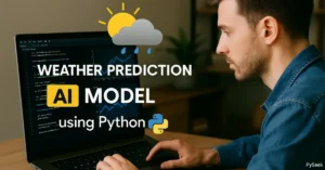 Showing a person analyzing weather data on a laptop screen, featuring weather icons like sun, cloud, and rain, with keywords AI, Python, and Weather Prediction displayed, representing a weather prediction AI model in Python.