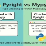 Infographic comparing Pyright and Mypy for static type checking in Python, highlighting Pyright's speed and Mypy's reliability with visual code editor illustrations.