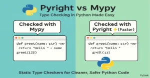 Infographic comparing Pyright and Mypy for static type checking in Python, highlighting Pyright's speed and Mypy's reliability with visual code editor illustrations.